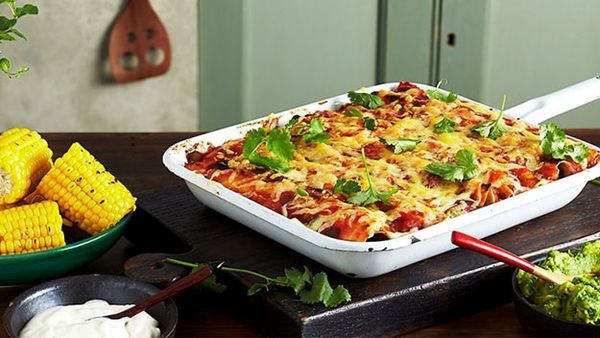 Beef and bean enchilada bake