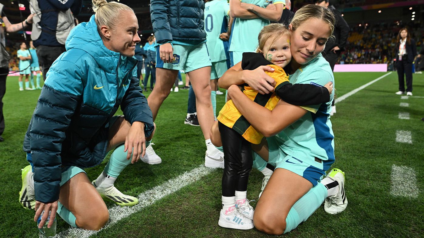 Tameka Yallop (left) and Courtney Nevin pictured after Australia&#x27;s third-place match at the 2023 World Cup.