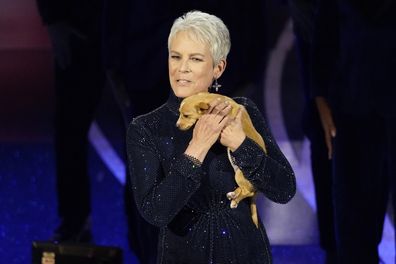 Jamie Lee Curtis holds a puppy in honor of Betty White during an In Memoriam tribute at the Oscars on Sunday, March 27, 2022, at the Dolby Theatre in Los Angeles. (AP Photo/Chris Pizzello)