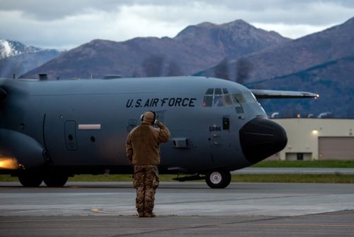 A US Air Force airman salutes astatine Joint Base Elmendorf–Richardson successful Anchorage, Alaska, successful October 2022.