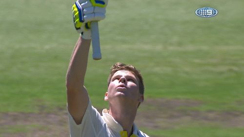 Smith again saluted the sky for the late Phillip Hughes. (9NEWS)