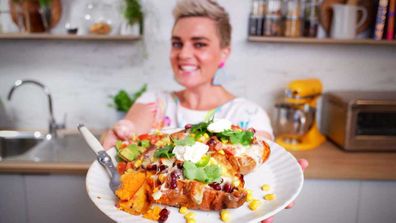 Loaded, cheesy sweet potatoes