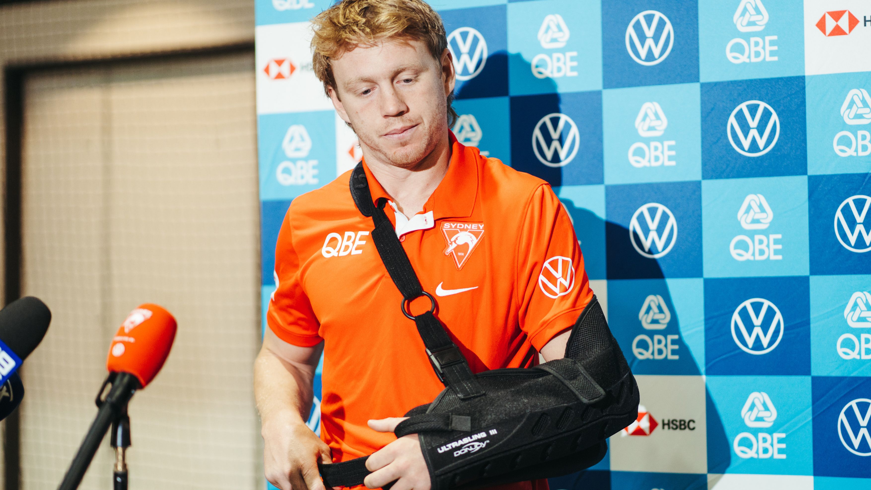 Sydney Swans co-captain Callum Mills at a press conference to talk about his injury.