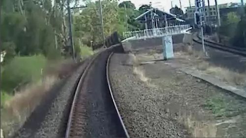 Vision from inside the train's front cabin shows the driver was unaware the man had fallen. Picture: Supplied.