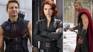 Marvel superheros (L-R) Hawkeye, Black Widow, Thor
