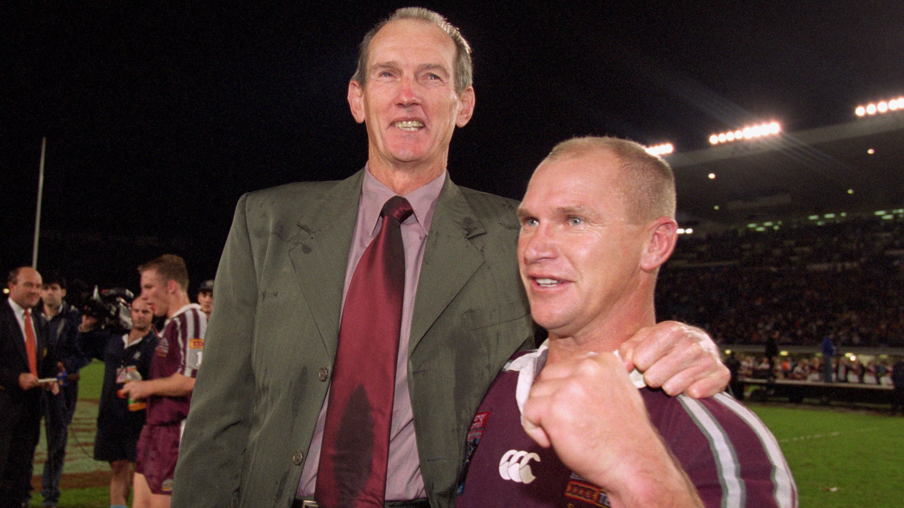 Wayne Bennett celebrates a famous Origin victory with Allan Langer.