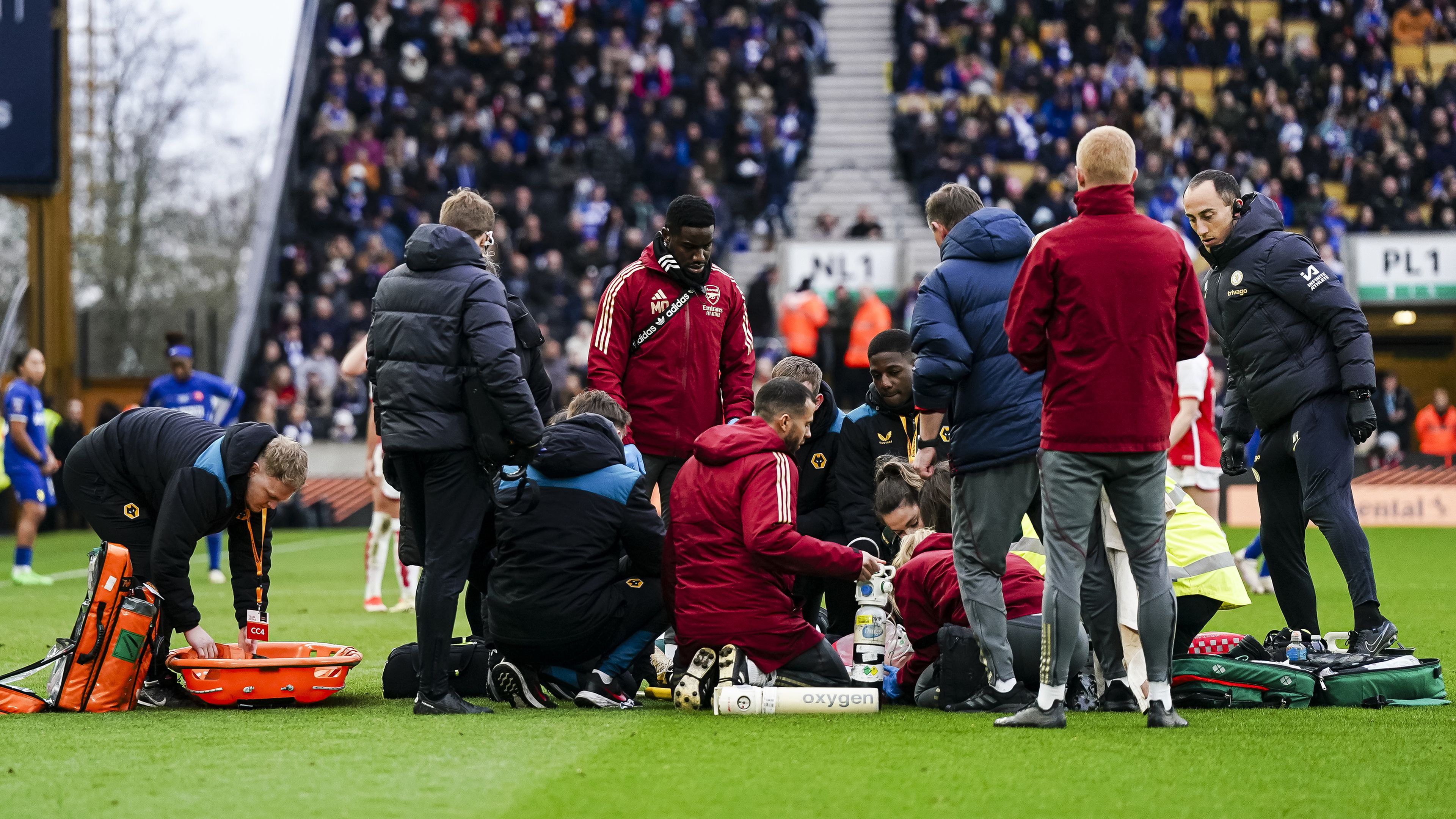 Frida Maanum of Arsenal lies injured while assisted by medics during the FA Women&#x27;s League Cup final.