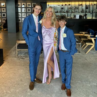 Penny Lancaster and her two sons with Rod Stewart, Alastair and Aiden﻿.