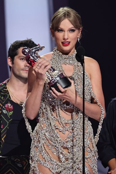 Taylor Swift accepts the Video of the Year award for All Too Well (10-minute Taylors Version) onstage at the 2022 MTV VMAs at Prudential Center on August 28, 2022 in Newark, New Jersey. 