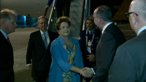 Brazilian President Dilma Roussef touched down overnight. (9NEWS)