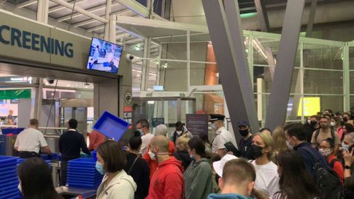 Queues forming at Sydney Airport on Saturday morning.