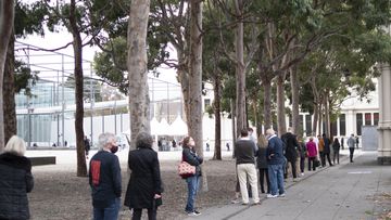 Vaccination queues at the Exhibition Building, Melbourne