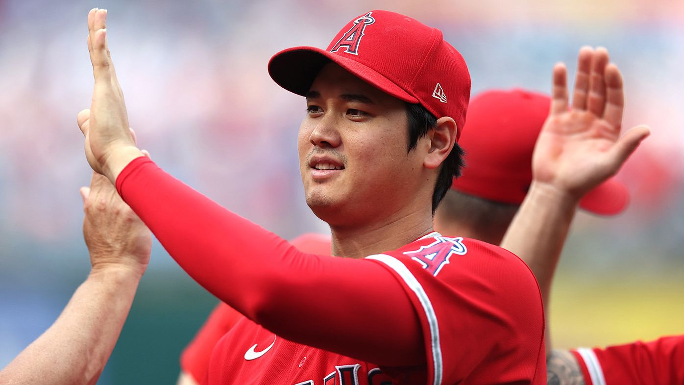 Shohei Ohtani #17 of the Los Angeles Angels reacts with teammates after defeating the Philadelphia Phillies at Citizens Bank Park on August 30, 2023 in Philadelphia, Pennsylvania. (Photo by Tim Nwachukwu/Getty Images)