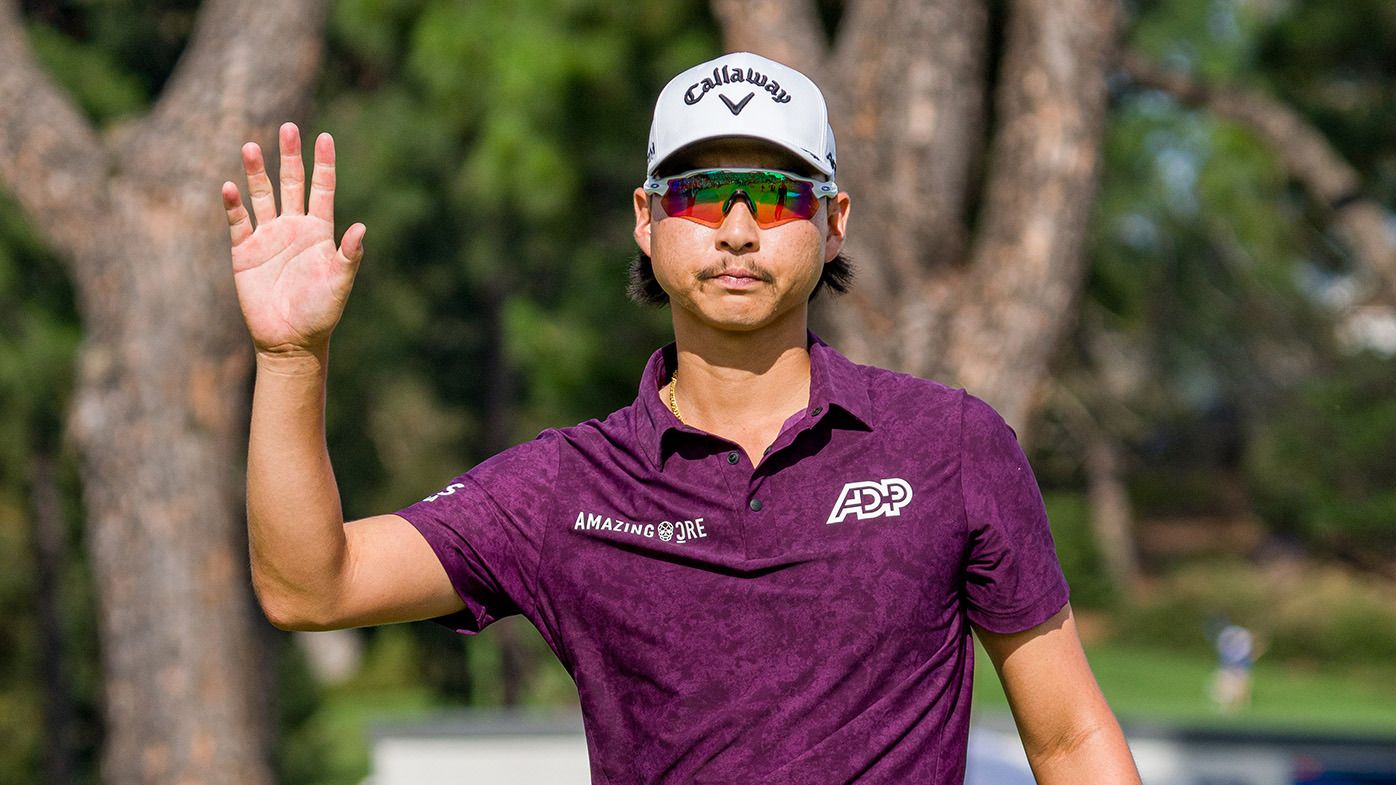 Min Woo Lee of Australia celebrates after a round that places him at the top of the leaderboard on the 18th hole during the ISPS HANDA Australian Open at The Australian Golf Course on December 01, 2023 in Sydney, Australia. (Photo by Andy Cheung/Getty Images)