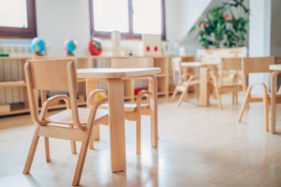 Empty modern preschool classroom, no people.