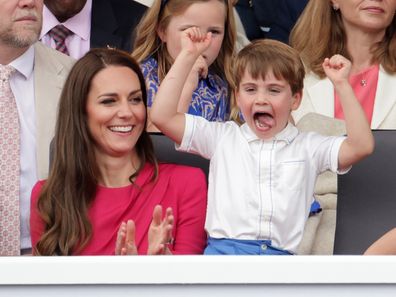 Catherine, Duchess of Cambridge and Prince Louis of Cambridge during the Platinum Pageant on June 05, 2022 in London, England.  