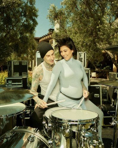 Kourtney Kardashian and Travis Barker, pictured at their gender reveal, have hinted their unborn son might be named Rocky.