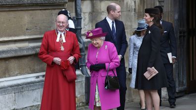 The Duke and Duchess of Cambridge and Queen Elizabeth II and the Dean of Windsor David Conner, leave following the Easter Mattins Service at St George's Chapel, Windsor Castle. (PA)