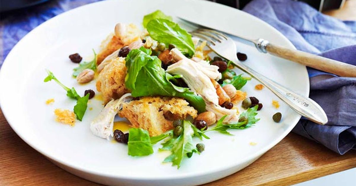 Chicken salad with sourdough croutons, raisins, almonds & capers - 9Kitchen