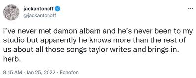 Jack Antonoff defends Taylor Swift against Damon Albarn.