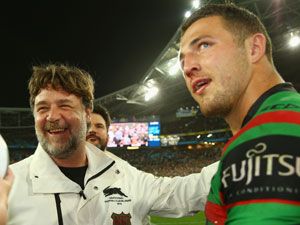Russell Crowe with Sam Burgess following Souths grand final win over Canterbury. (Getty)
