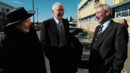 Toni Lamond, Stuart Wagstaff and Don Burke at Graham Kennedy's funeral. (AAP)