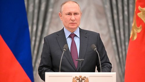 Russian President Vladimir Putin talks to the media during a news conference following his meeting with Azerbaijani President Ilham Aliyev at the Kremlin in Moscow, Russia. Sergey Guneev / Sputnik  via AP