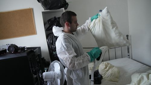 Pest control technician Lucas Pradalier looks for bedbugs in a Paris apartment.