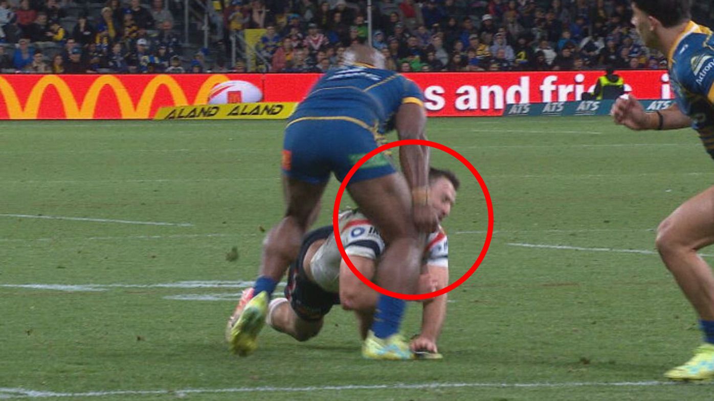 James Tedesco was ruled out of the remainder of the Eels clash after this collision with Maika Sivo&#x27;s knee.