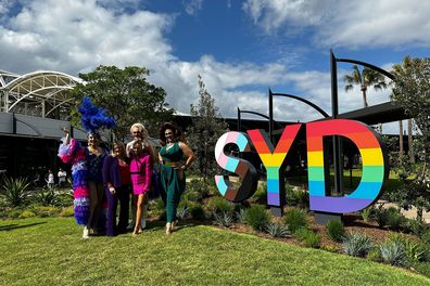 Samantha Jade, Lori Augustine and drag queens Etcetera Etcetera, Danni Issues and Minnie Cooper outside Sydney International Airport.