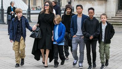 Angelina Jolie and children Maddox Jolie-Pitt, Shiloh Jolie-Pitt, Vivienne Marcheline Jolie-Pitt, Knox Leon Jolie-Pitt, Zahara Jolie-Pitt and Pax Jolie-Pitt are seen leaving the Louvre museum on January 30, 2018 in Paris, France.