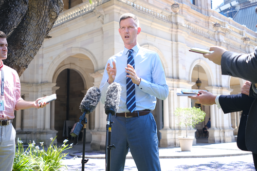 Queensland Transport Minister Mark Bailey speaks to media outside state parliament on Thursday, October 12, 2023.