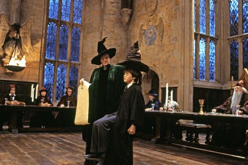 A scene from Harry Potter and the Philosopher's Stone featuring the sorting hat at Hogwarts