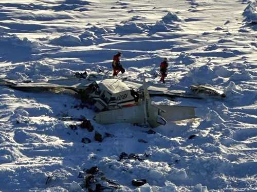 This photo provided by the U.S. Coast Guard on Friday, Feb. 7, 2025, shows a small commuter plane that crashed in western Alaska on a flight that was bound for the hub community of Nome. (U.S. Coast Guard via AP)This photo provided by the U.S. Coast Guard on Friday, Feb. 7, 2025, shows a small commuter plane that crashed in western Alaska on a flight that was bound for the hub community of Nome. (U.S. Coast Guard via AP)