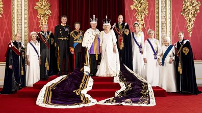 King Charles III and Queen Camilla are pictured with members of the working royal family, from left  Prince Edward, the Duke of Kent, Birgitte, Duchess of Gloucester, Prince Richard, the Duke of Gloucester, Vice Admiral Sir Tim Laurence, Princess Anne, Prince William, the Prince of Wales,  Kate, the Princess of Wales, Sophie, the Duchess of Edinburgh, Princess Alexandra, the Hon. Lady Ogilvy and Prince Edward, the Duke of Edinburgh, in the Throne Room at Buckingham Palace, London.