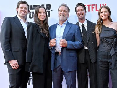 Arnold Schwarzenegger, third from left, with children Christopher, Christina, Patrick, Katherine and her husband Chris Pratt in June  2025.