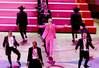 (L-R) Ncuti Gatwa, Kingsley Ben-Adir, Ryan Gosling and Simu Liu perform "I'm Just Ken" onstage during the 96th Annual Academy Awards at Dolby Theatre on March 10, 2024 in Hollywood