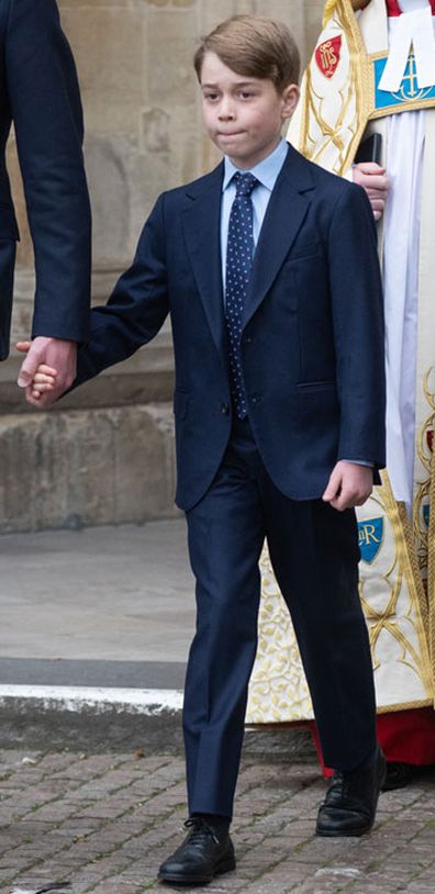 Prince William, Duke of Cambridge, Prince George of Cambridge depart the memorial service for the Duke Of Edinburgh at Westminster Abbey on March 29, 2022 in London, England.