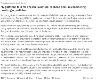 Man says he wants to break up with his girlfriend because she isn't a natural red head