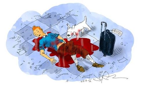 South African cartoonist Jerm drew this particularly confronting cartoon depicting Tintin as a victim of the terror attack.