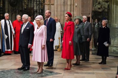 LONDON, ENGLAND - MARCH 10: (L to R) King Charles III, Queen Camilla, William, Prince of Wales, Catherine, Princess of Wales, Anne, Princess Royal and The Duke and Duchess of Gloucester attend the Commonwealth Day Service of Celebration at Westminster Abbey on March 10, 2025 in London, England. (Photo by Aaron Chown - WPA Pool/Getty Images)