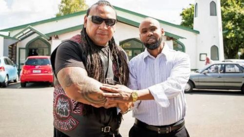 Mongrel Mob Waikato president Sonny Fatu with Hanad Ibrahim from Jamia Mosque in Hamilton.