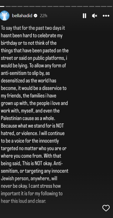 Bella Hadid condemns anti-semitism and seemingly criticises Kanye West.