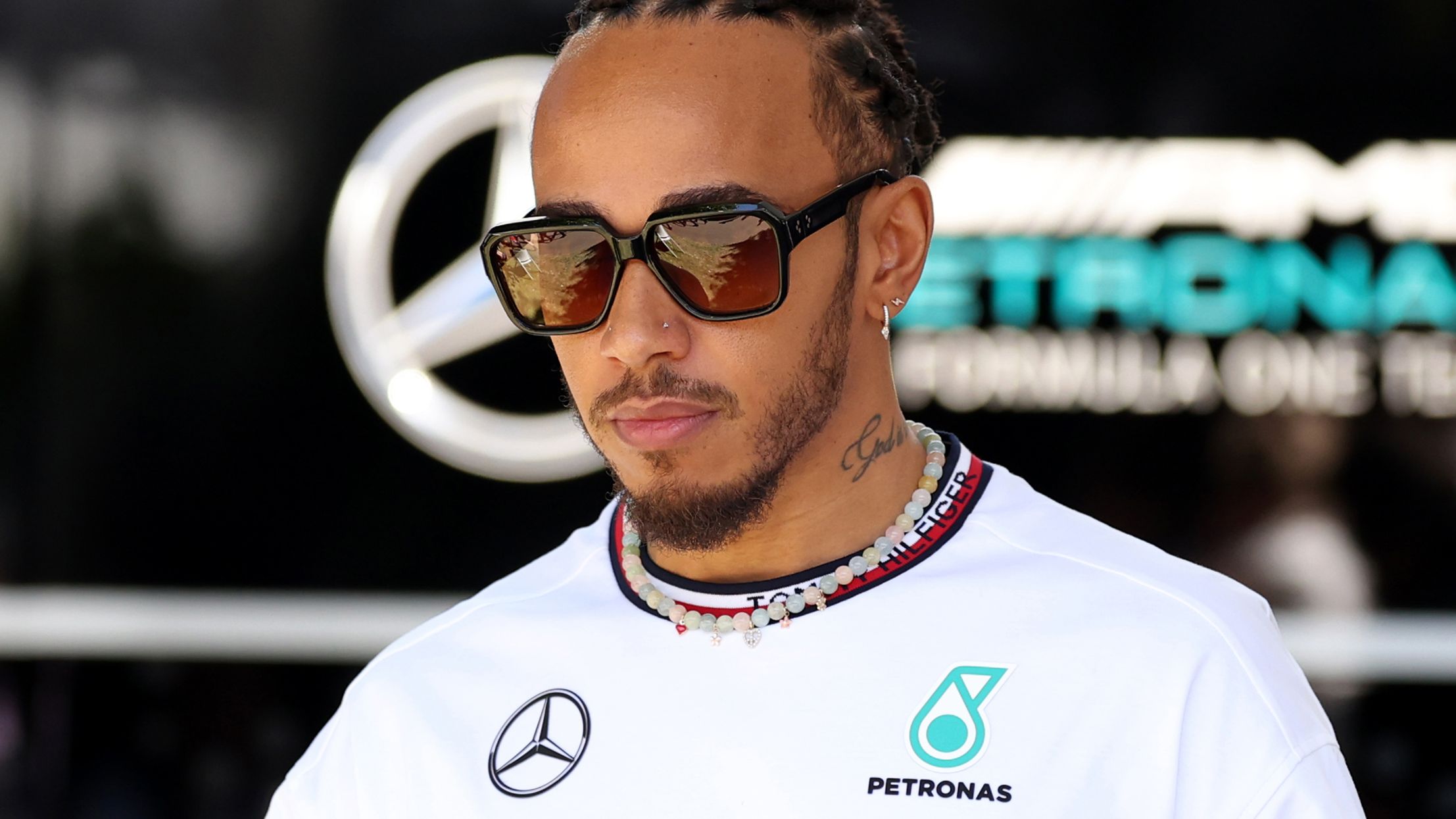 Lewis Hamilton of Great Britain and Mercedes walks in the Paddock during previews ahead of the F1 Grand Prix of Australia at Albert Park Circuit on March 21, 2024 in Melbourne, Australia. (Photo by Robert Cianflone/Getty Images)