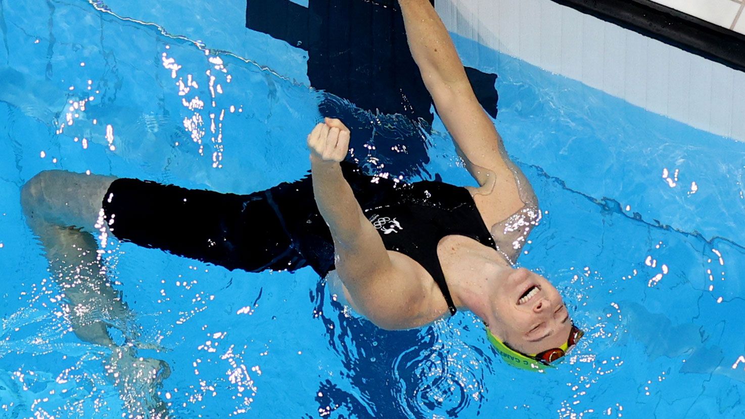 Cate Campbell reacts to touching first in the women&#x27;s medley relay.