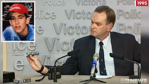 Police display the knife they say was used in the murder of teenager Ricky Balcombe, inset. (Nine Network).