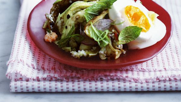 Smoky eggplant salad with mint, red shallot and steamed egg