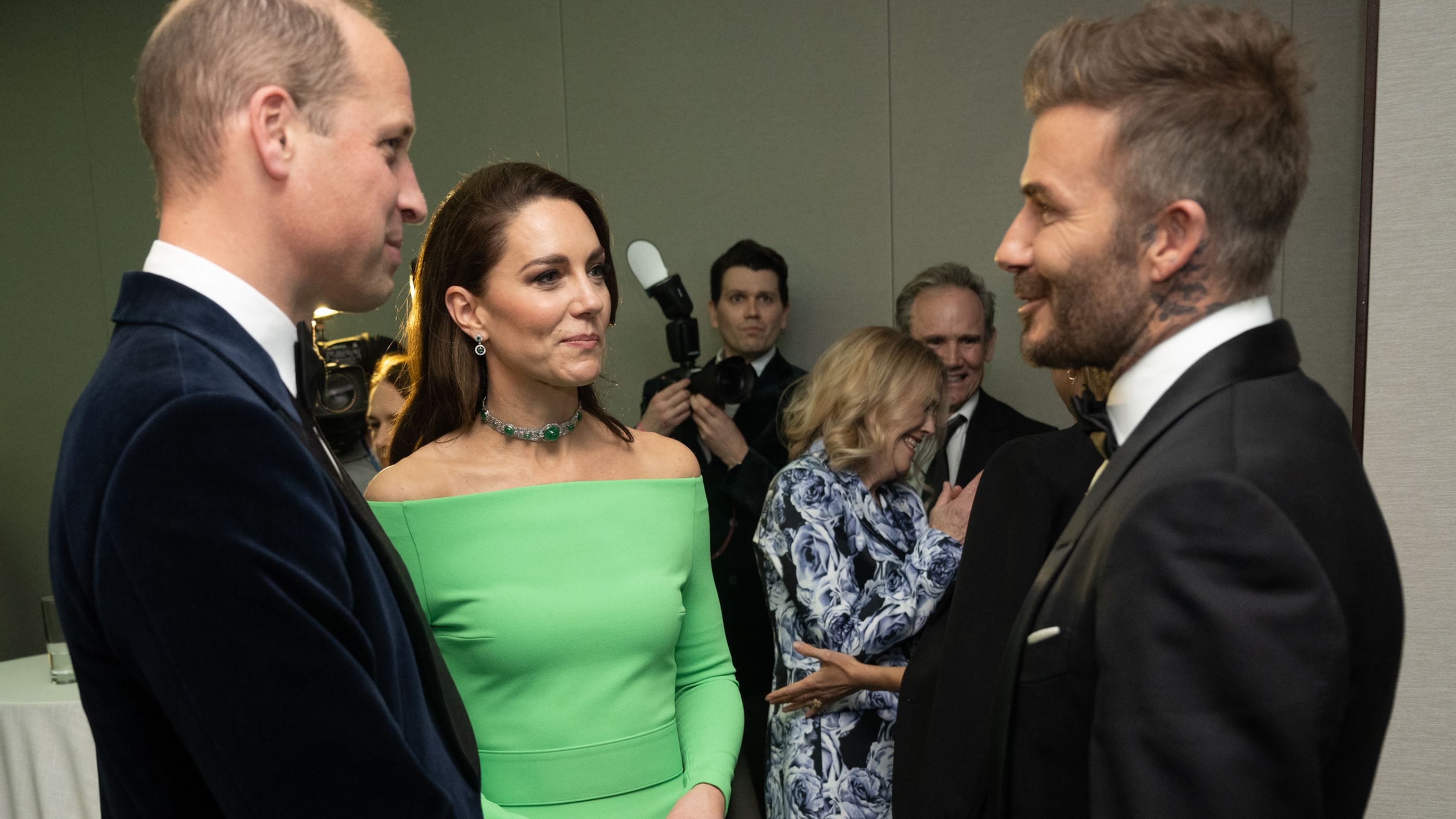 Prince William, Prince of Wales, Catherine, Princess of Wales and David Beckham speak backstage after The Earthshot Prize 2022 at MGM Music Hall at Fenway in Boston.