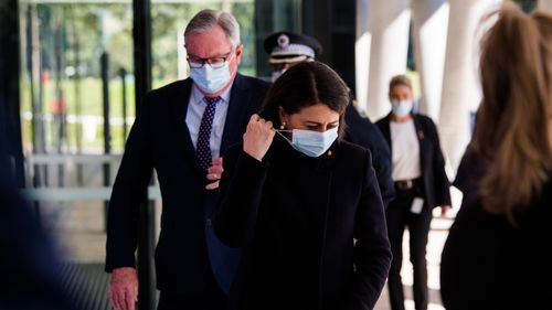 NSW Premier Gladys Berejiklian, NSW Health Minister Brad Hazzard and NSW Chief Health Officer Kerry Chant and NSW Police Deputy Commissioner Gary Worboys. 