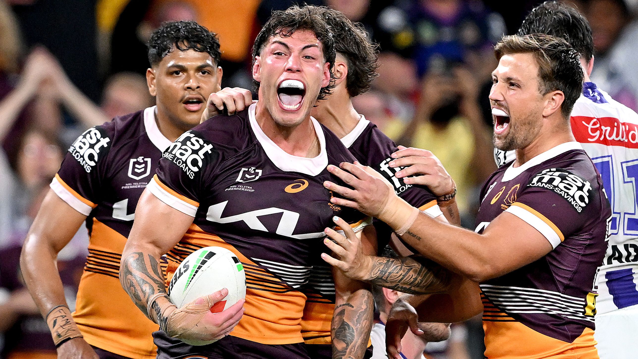 BRISBANE, AUSTRALIA - SEPTEMBER 08: Jordan Riki of the Broncos celebrates after scoring a try during the NRL Qualifying Final match between the Brisbane Broncos and Melbourne Storm at Suncorp Stadium on September 08, 2023 in Brisbane, Australia. (Photo by Bradley Kanaris/Getty Images)